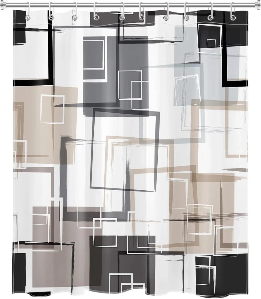 Black and Tan Geometric Shower Curtain with Hooks, Grey and White Abstract St... gallery