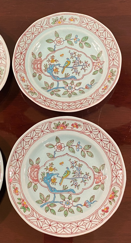 Adams Calyx Ware Singapore Bird BREAD PLATES 6 1/8" Black Backstamp Set of 4 gallery