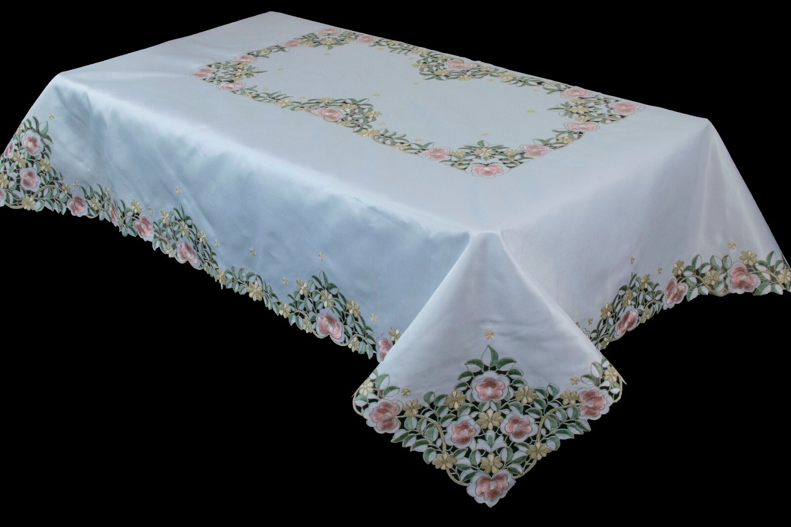 54x72" Rectangle Embroidered Floral Rose Polyester Fabric Tablecloth 6 Napkins gallery