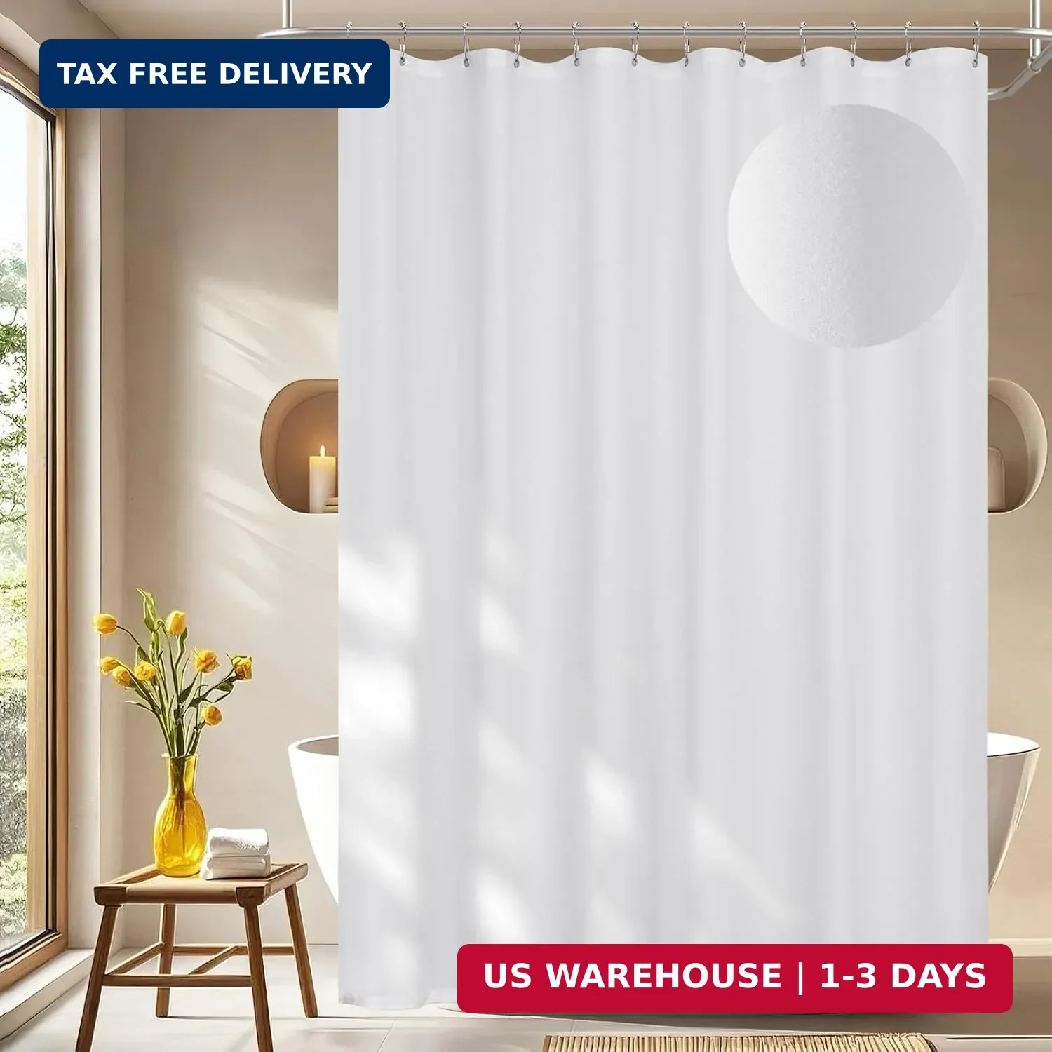 Seenus Waterproof Soft Microfiber Shower Curtain TPU Backed Lightweight, White W gallery