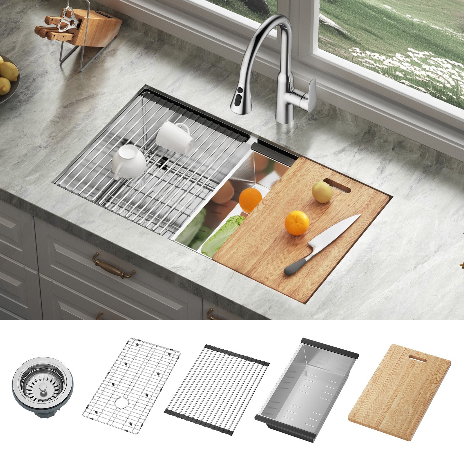 JOMOO 32" Drop-In Kitchen Sink Workstation 18-Gauge Brushed Stainless Steel Bowl gallery