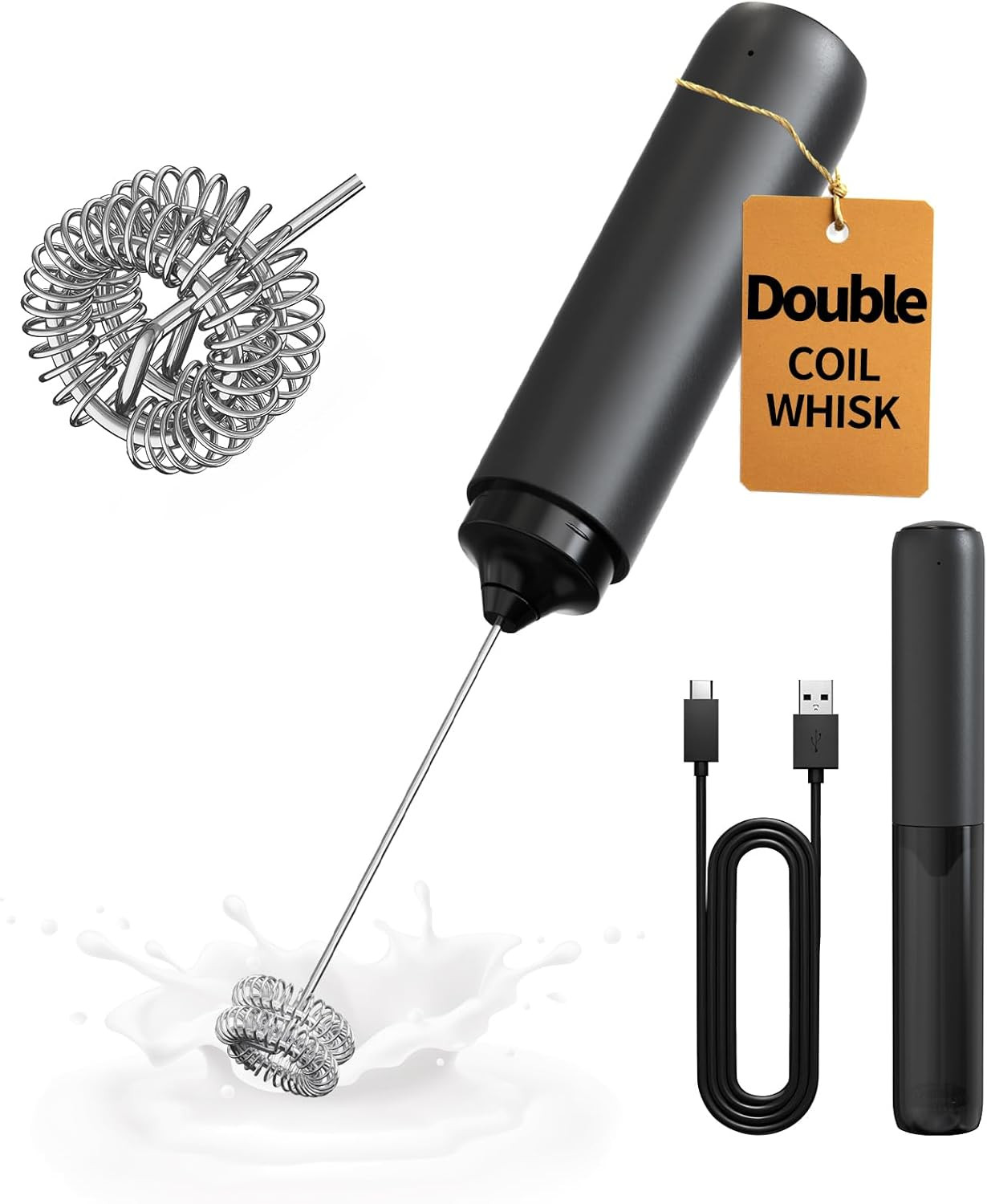 Rechargeable Milk Frother Hanheld, Dual Coil Whisk Head Electric Coffee Frother, gallery