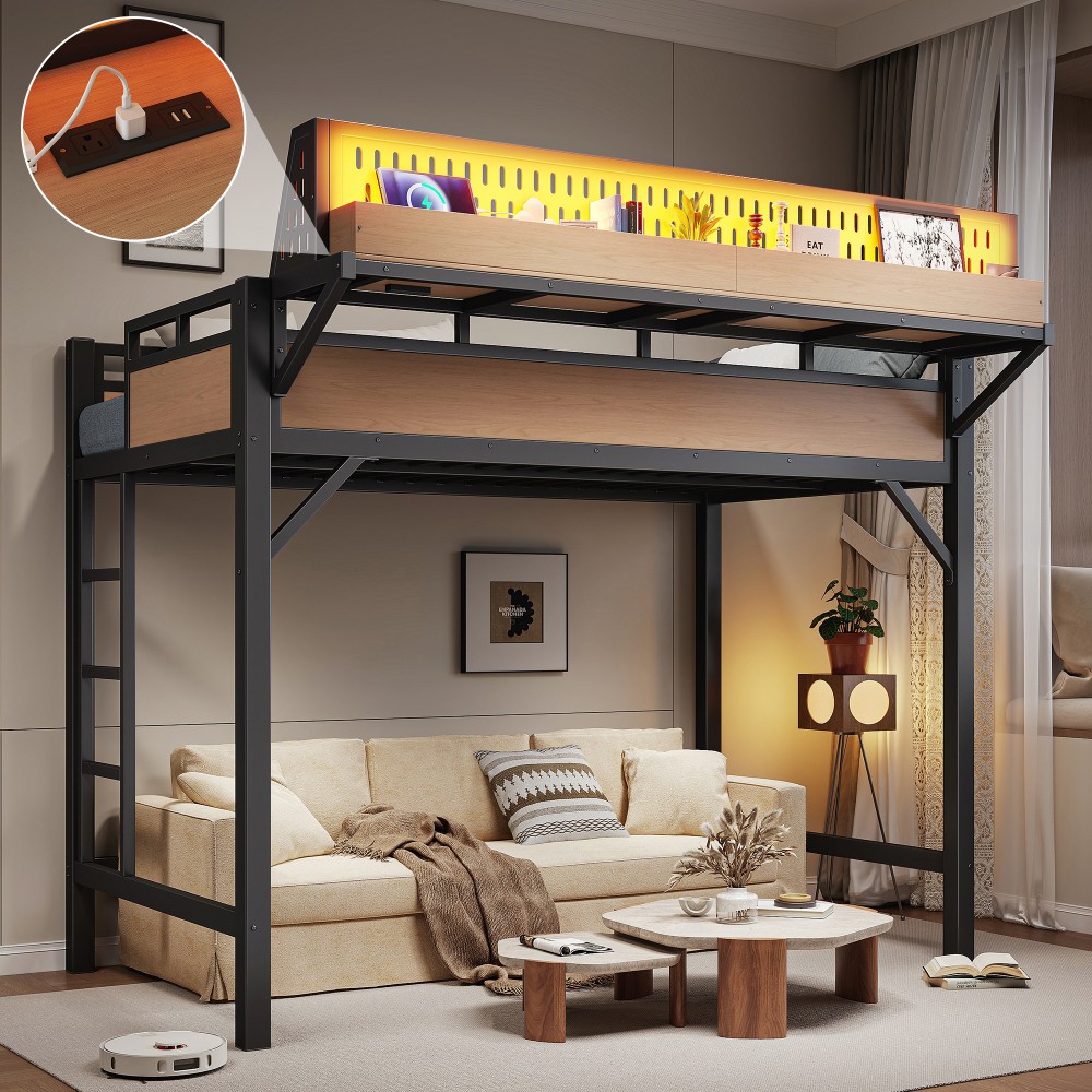 Full Queen Size Loft Bed w/Storage Stairs,Metal Loft Bed Frame w/ Storage Shelve gallery