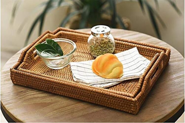 Hand-Woven Rattan Rectangular Serving Tray with Handles for 14.5x10.2x1.4inches gallery