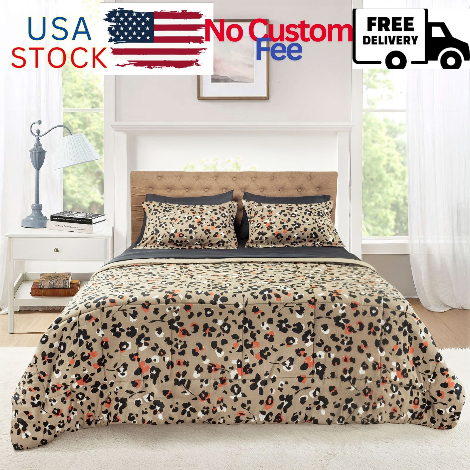 All in One Reversible Comforter and Sheet set- 7 Piece, Full, Beige Animal Print gallery