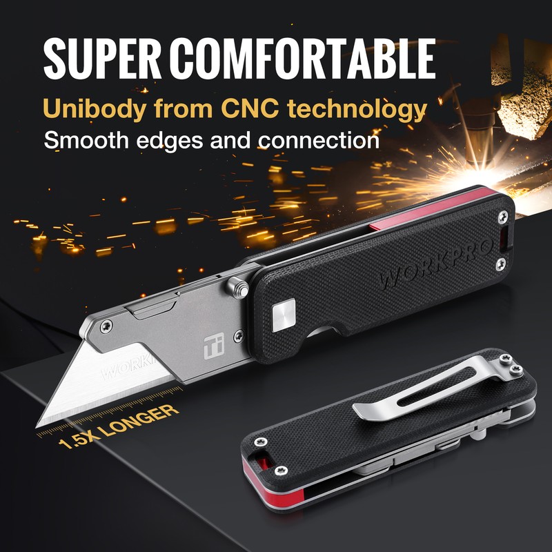 WORKPRO Premium Titanium Utility Knife, CNC Unibody w/10 Extra Blades G-10Handle gallery