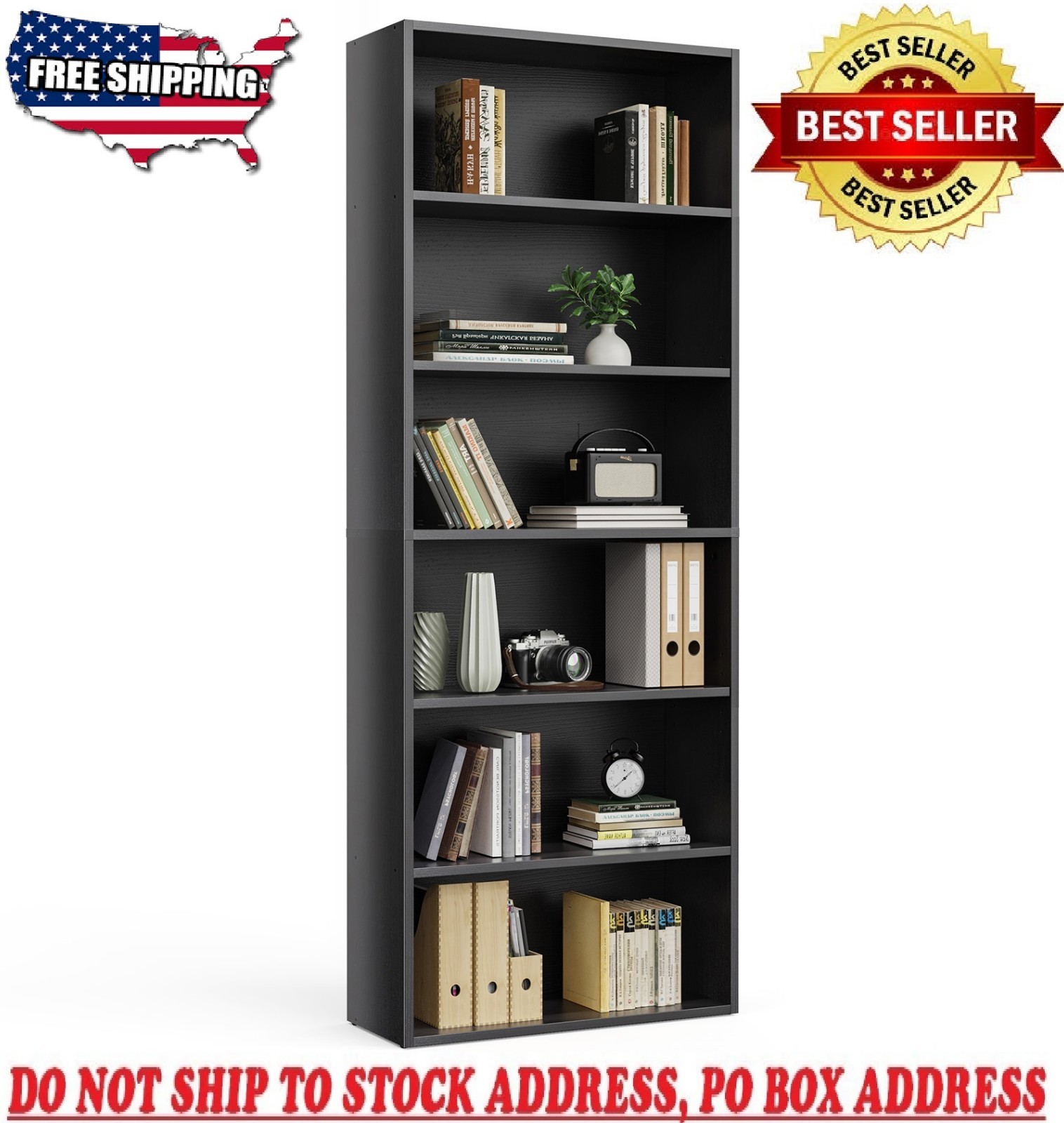 Bookshelf 6 Tier Storage Shelf Adjustable Bookcase Open Wood Magazine Organizer gallery