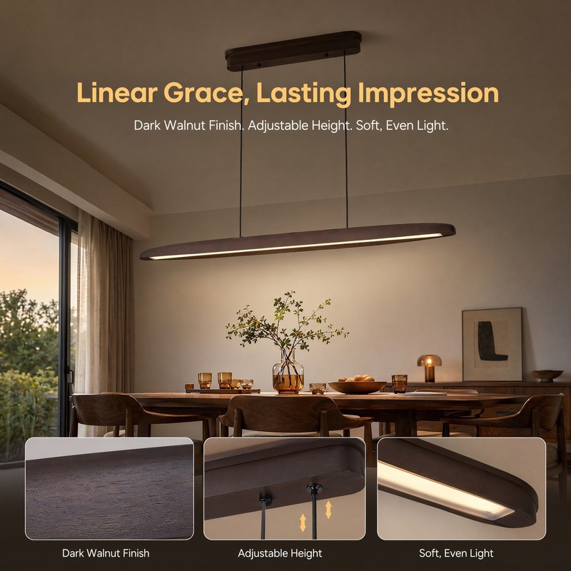 39 in Walnut Linear 3CCT LED Pendant Chandelier Remote Living Room Light Fixture gallery