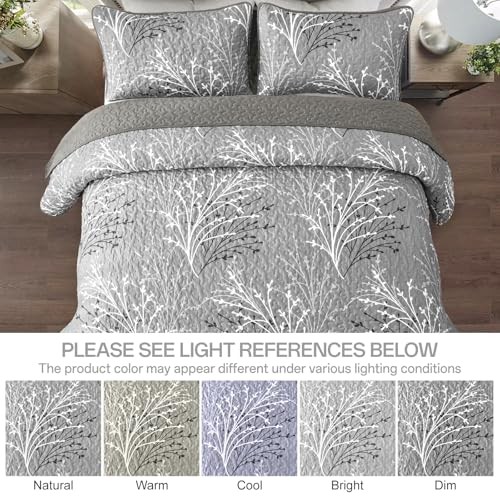 Quilt Set Size Branch Botanical Pattern Bedspread Coverlet Set, 3 Full Grey gallery