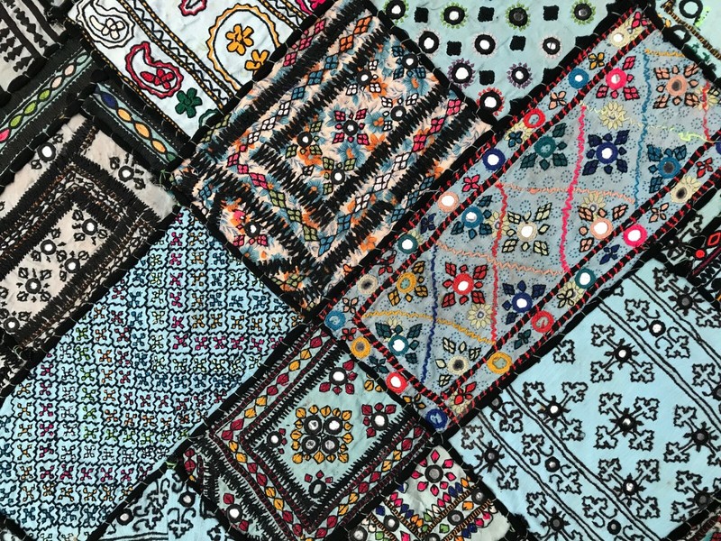 Blue patchwork mirror wall tapestry sindhi india pakistan 26"x54" gallery