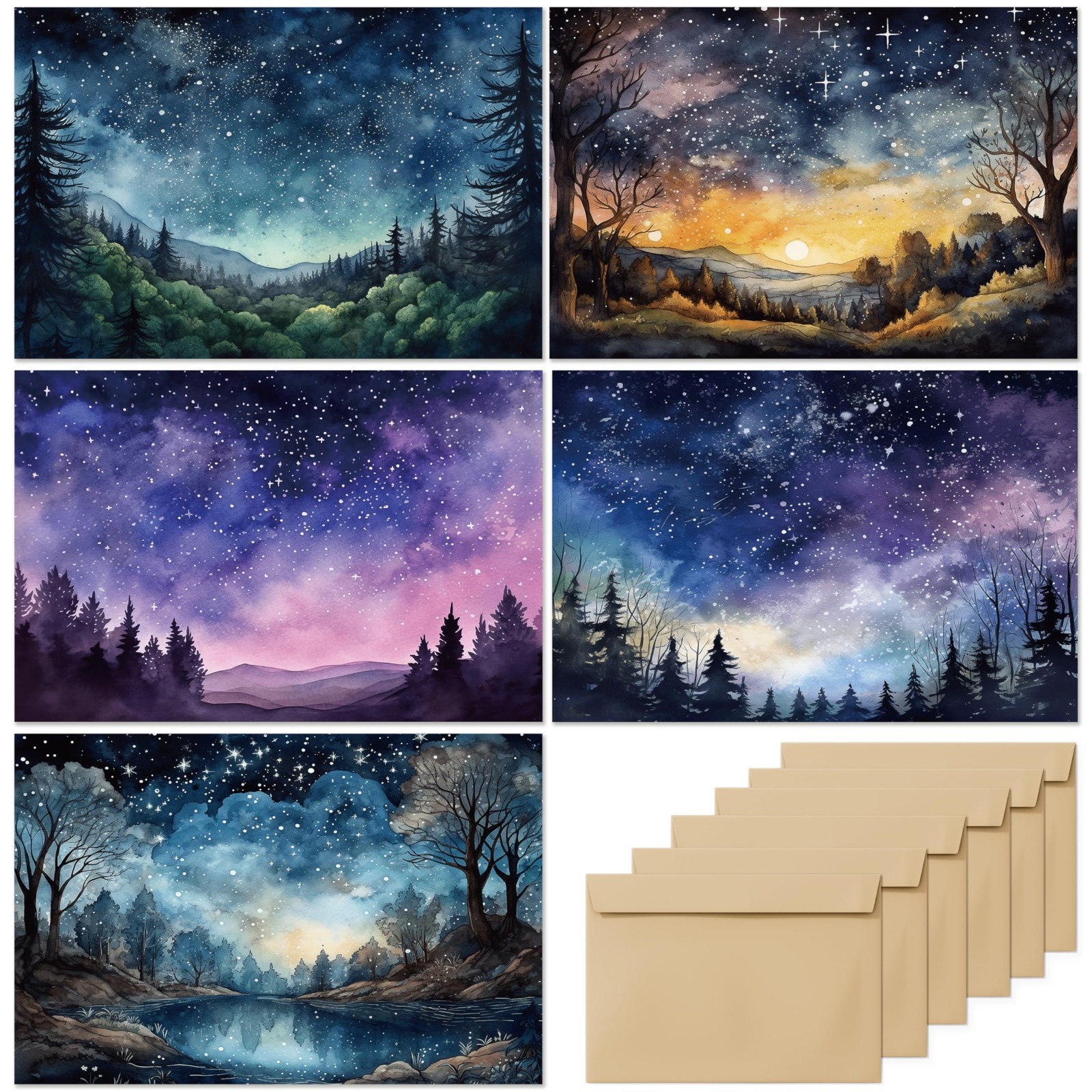 All Occasion Blank Note Cards, Starry Night Sky Watercolor, 20 Pack, Blue gallery