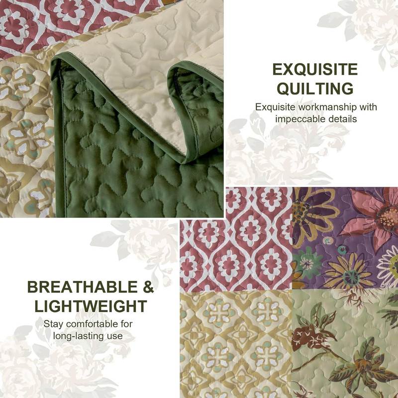 Patchwork Quilt Set King Size, Bohemian Floral Bedspread Green & Beige Coverlet gallery