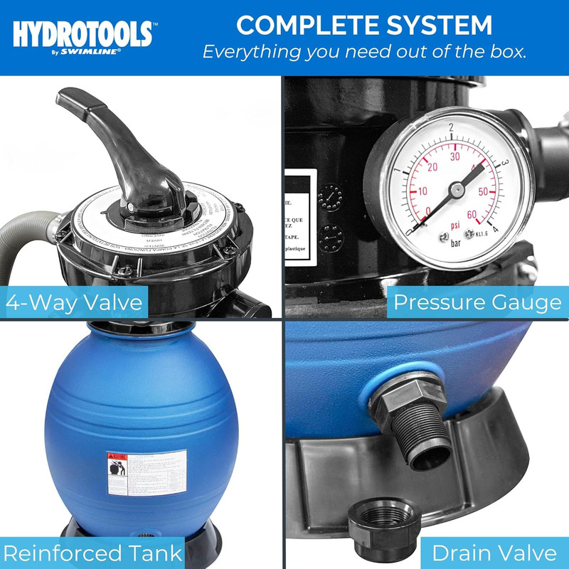 HYDROTOOLS Complete Sand Filter System, 12" Tank - for Above-Ground Pools up to gallery