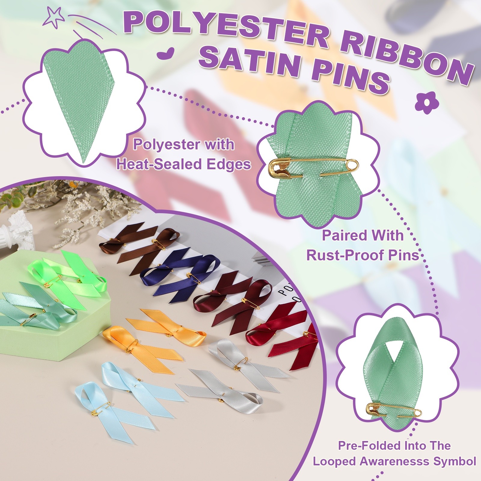 100 Pcs Polyester Ribbon Satin Pins, Celadon gallery