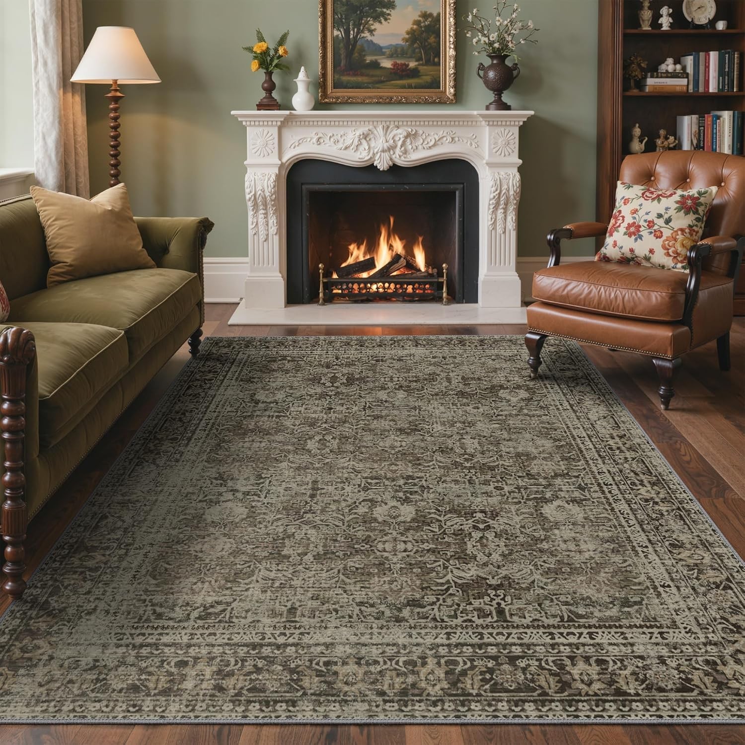 5x7 Area Rug Machine Washable Boho 5' x 7' (Rectangular), Vintage Sage Green gallery