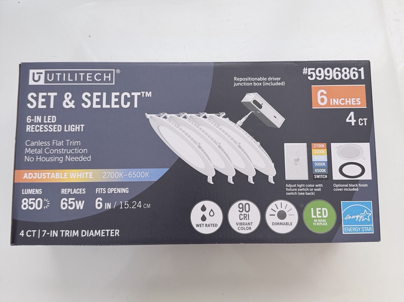 Utilitech 6in LED Recessed Trim Adjustable White 2700K-6500K 850lm 4ct gallery