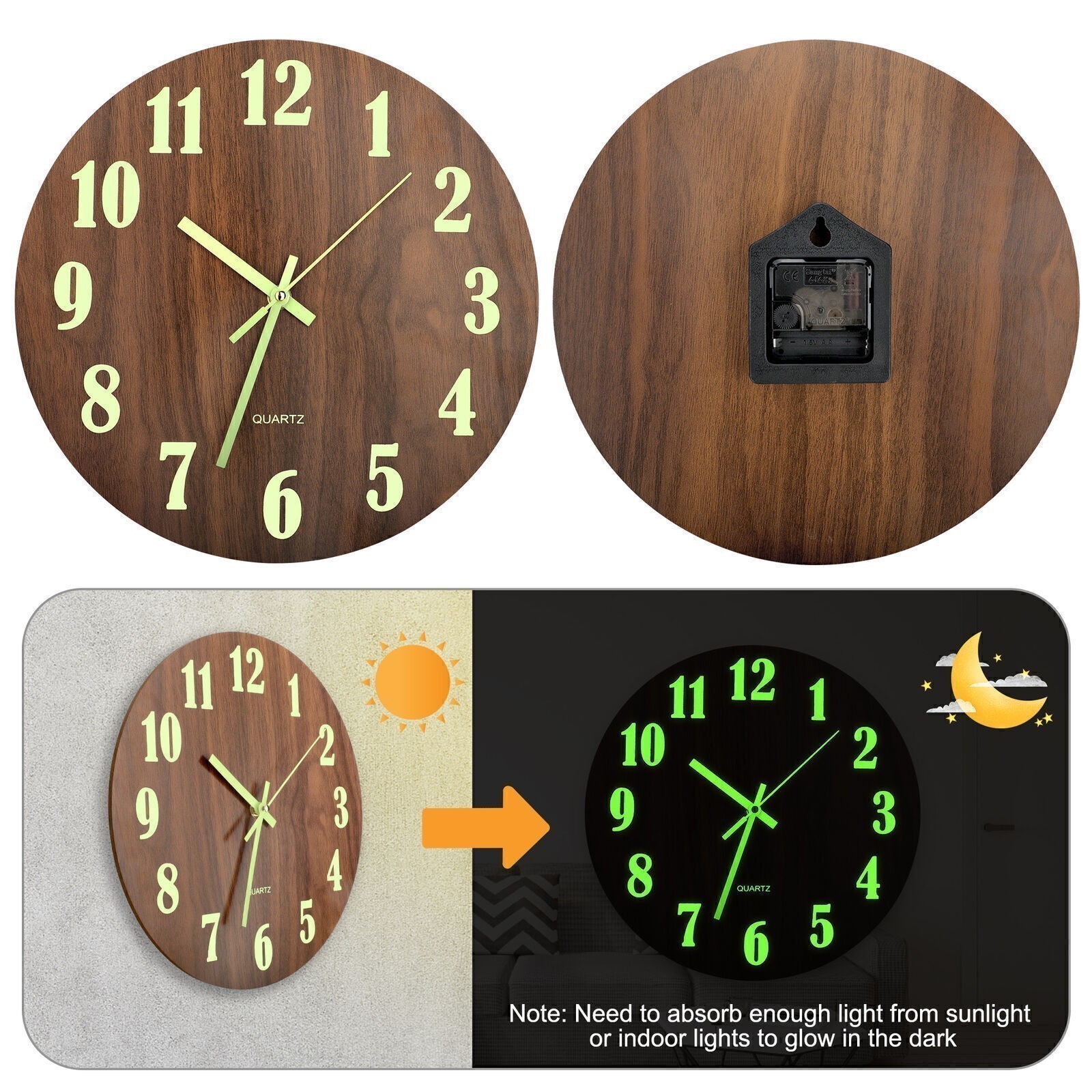 12'' Wall Clock Large Luminous Quartz Night Light Glow In The Dark Silent Home gallery