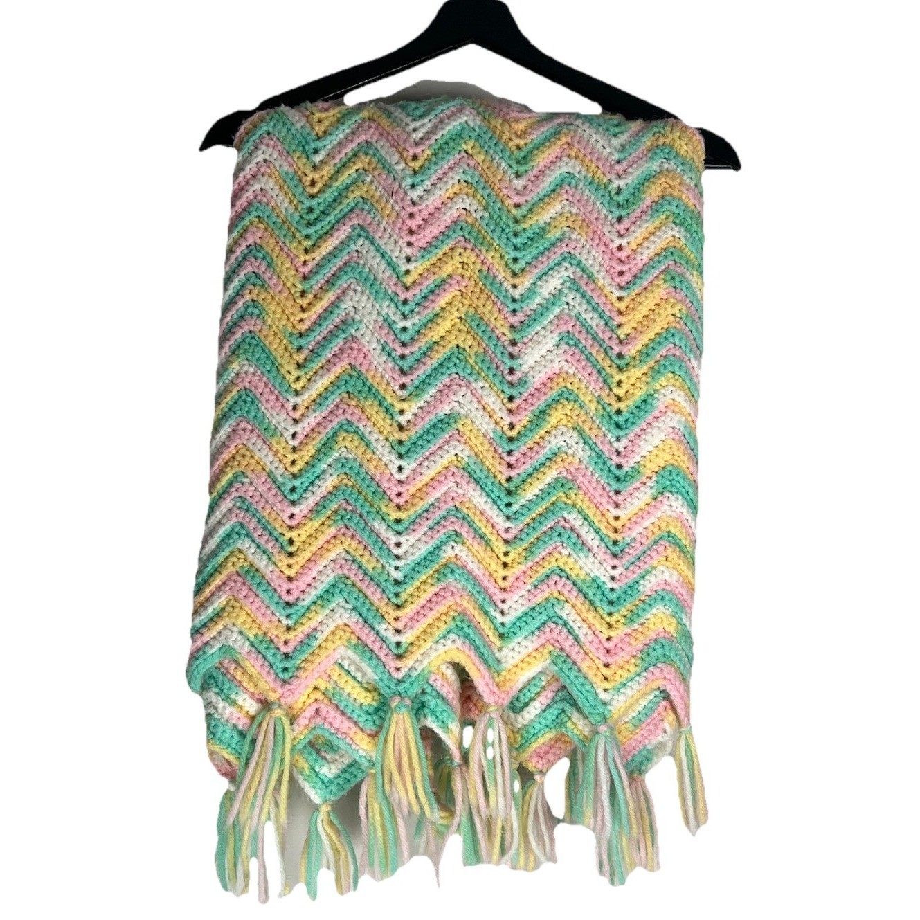 Handmade Crochet Chevron Throw Blanket Pastel Pink Yellow Green Zig Zag Tassels gallery