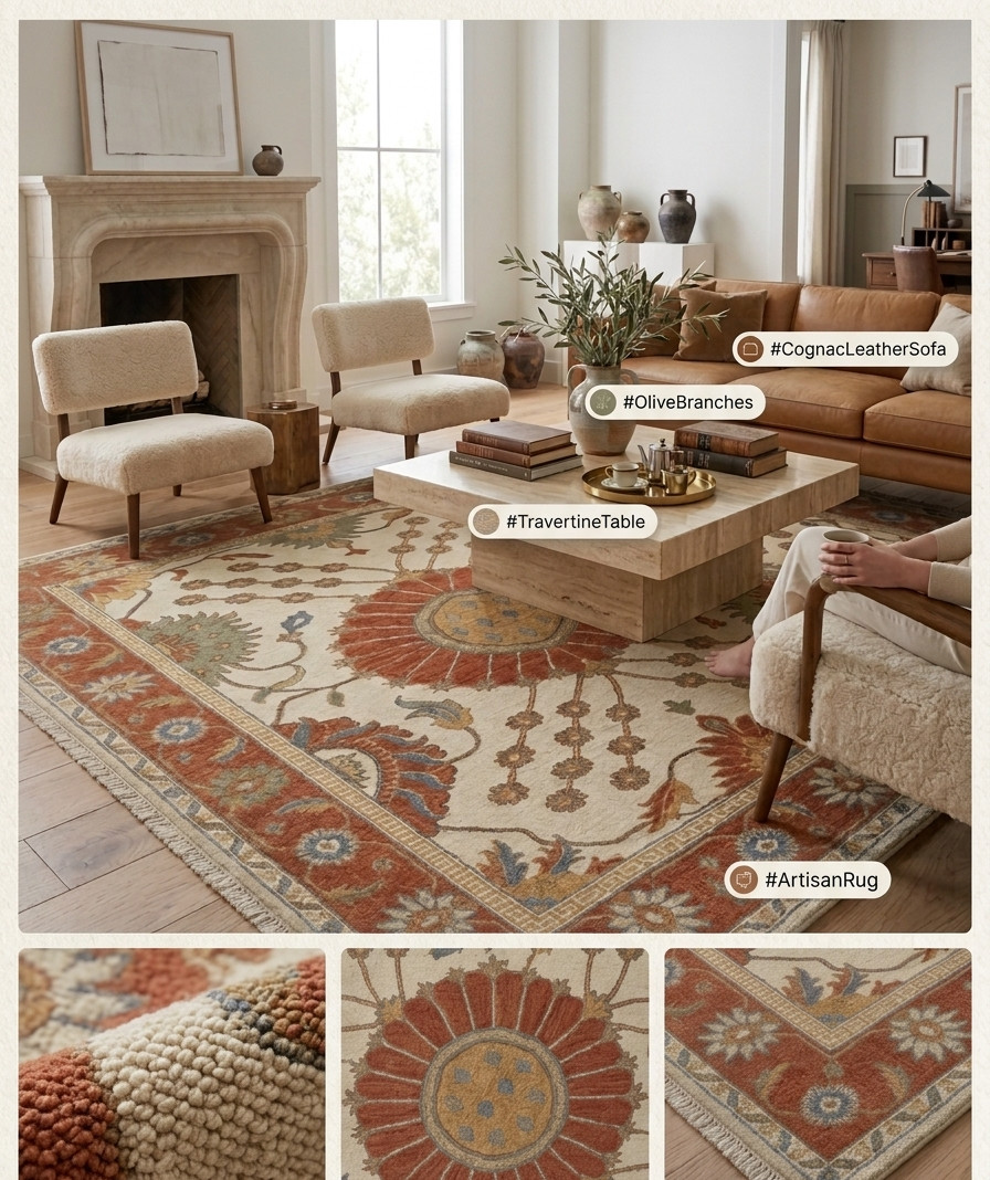 Hand Knotted Oushak Rug Wool Vintage Turkish Area Carpet Custom Size gallery