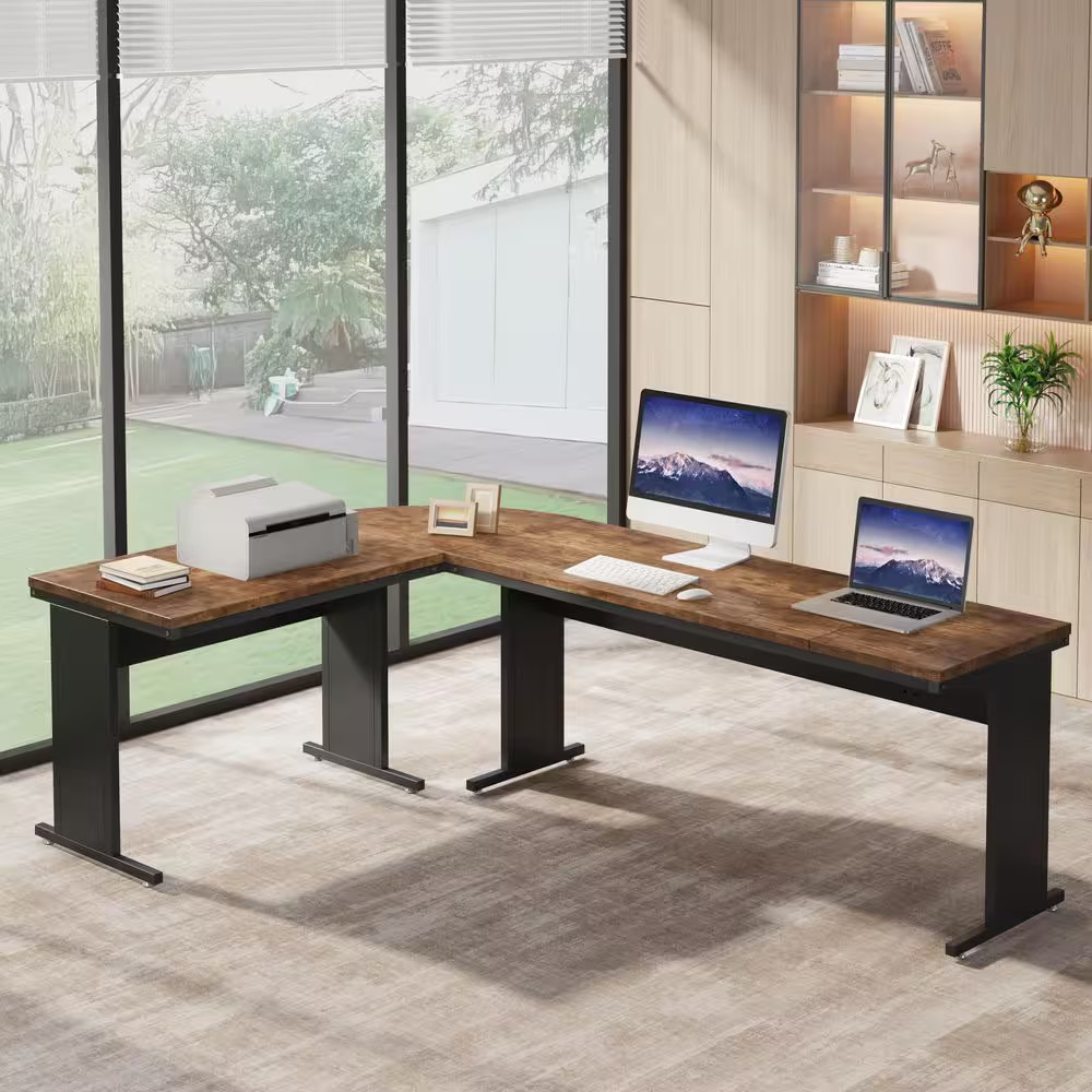 Capen 83 In. L-Shaped Wood Brown Computer Desk Reversible Executive Office Desk gallery