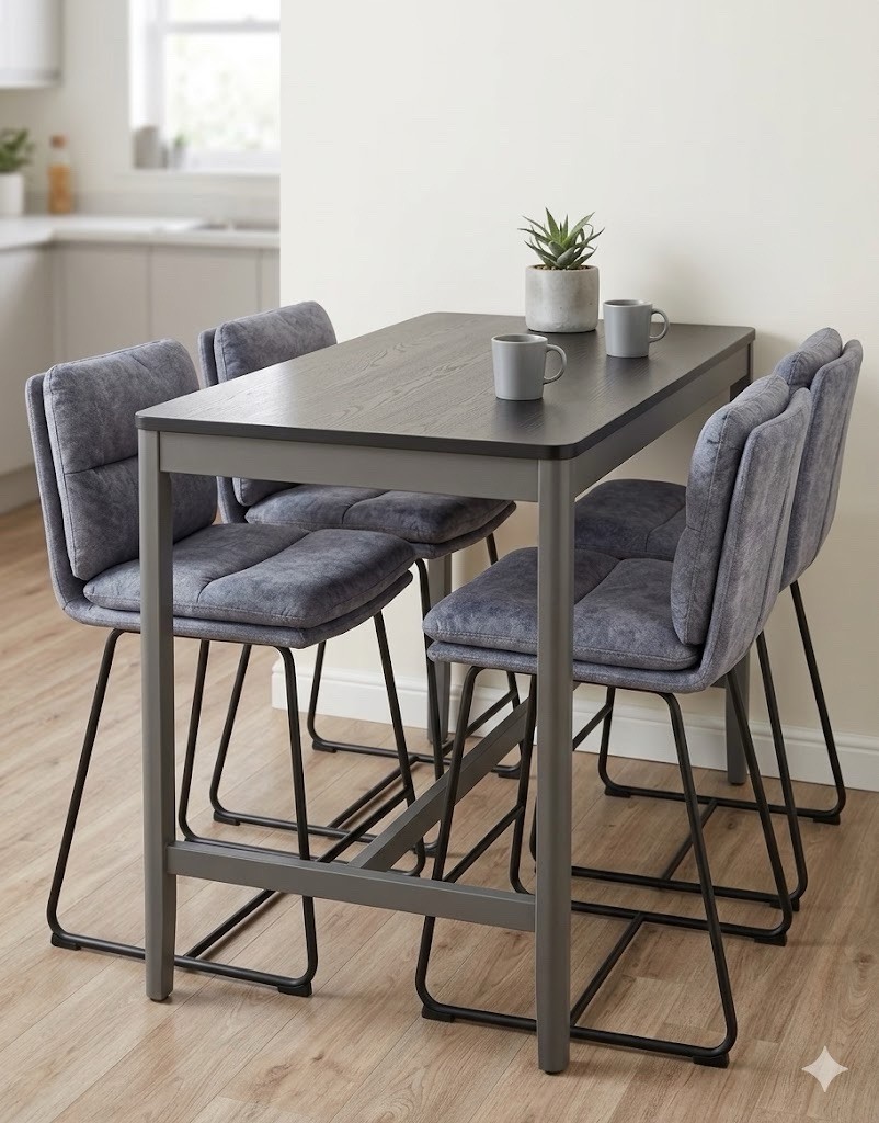 5-Piece Counter Height Dining Set, 4 Padded Chairs, Light Grey Black Table gallery