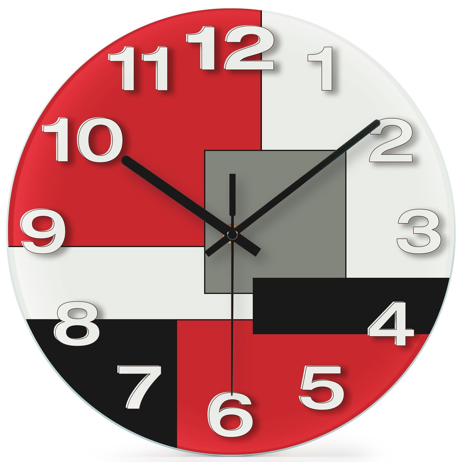 Abstract Geometric Glass 12" Wall Clock in White, Grey, Red and Black - Batte... gallery