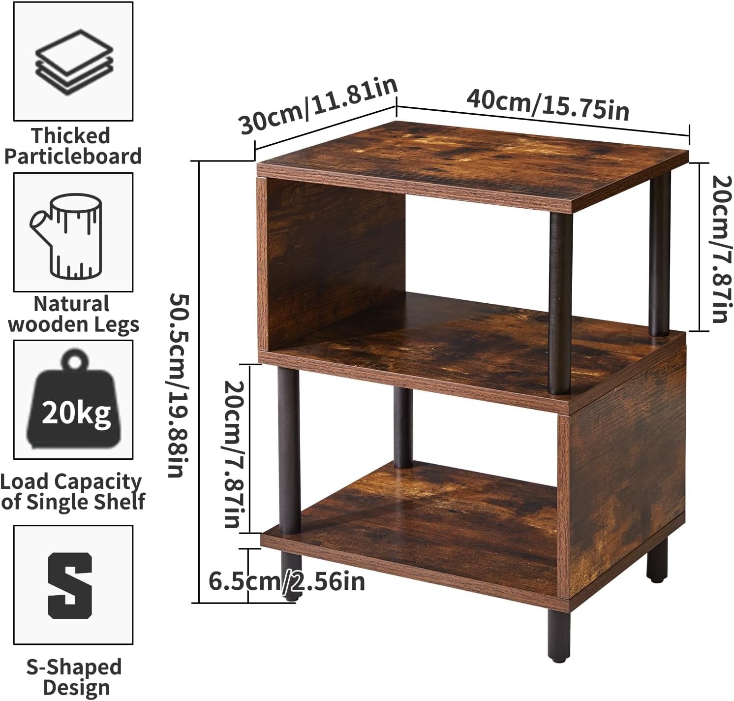 Side Table for Bedroom, Narrow End Small, Wood Legs, Rustic Brown/Black gallery