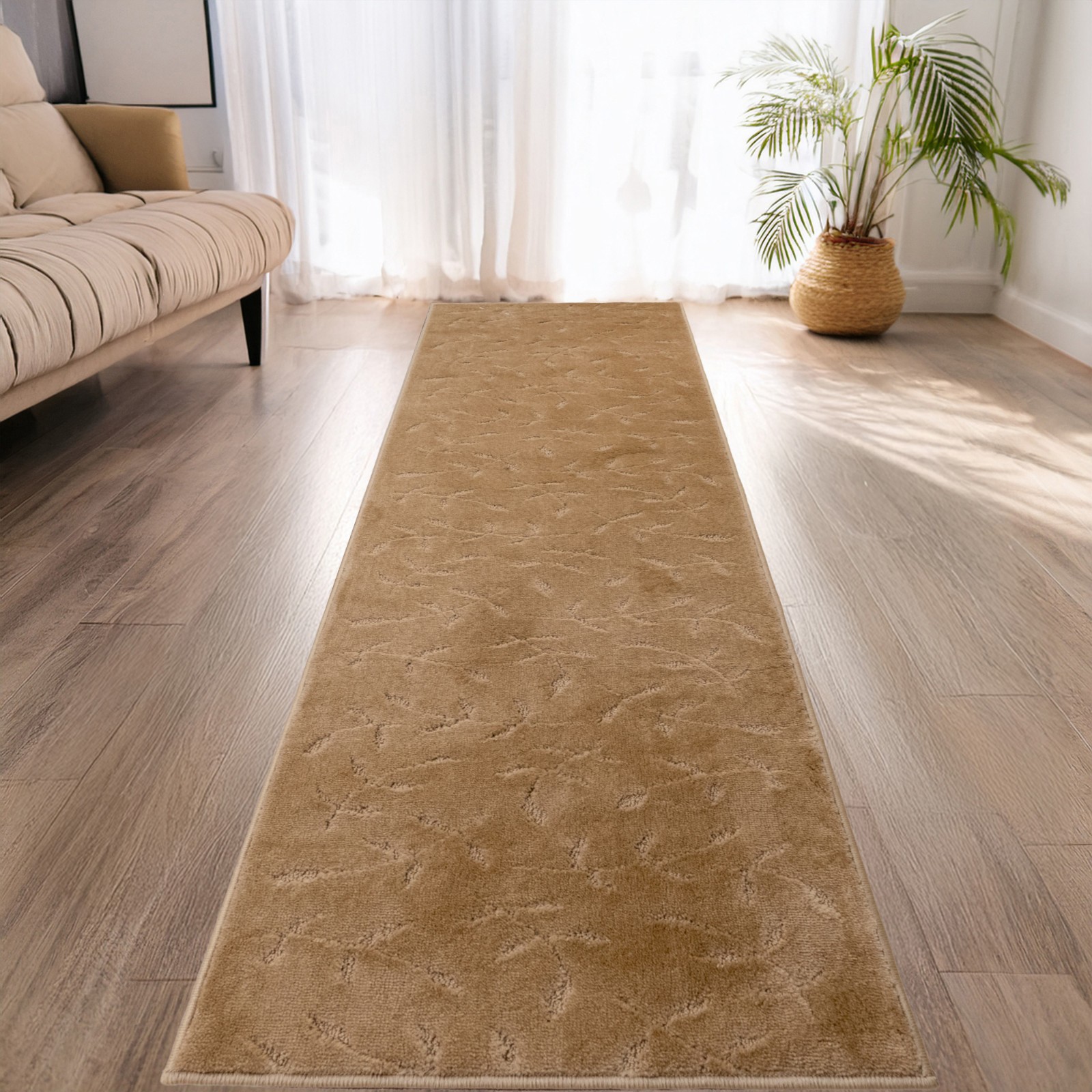 Custom Size Anti-Slip Machine Washable Medium Profile Leaves Beige Runner Rugs gallery