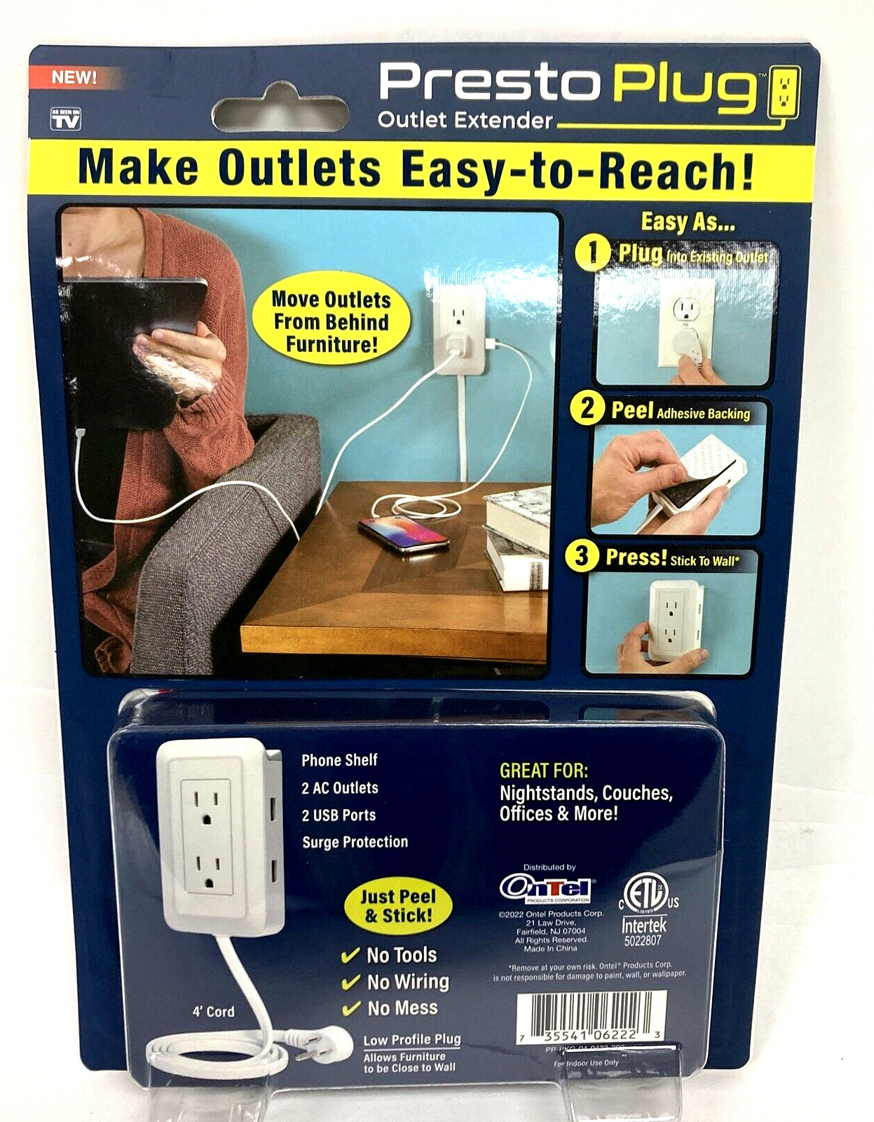 Presto Plug Wall Outlet Extender 4 ft Cord Peel & Stick As Seen On TV 2 AC 2 USB gallery