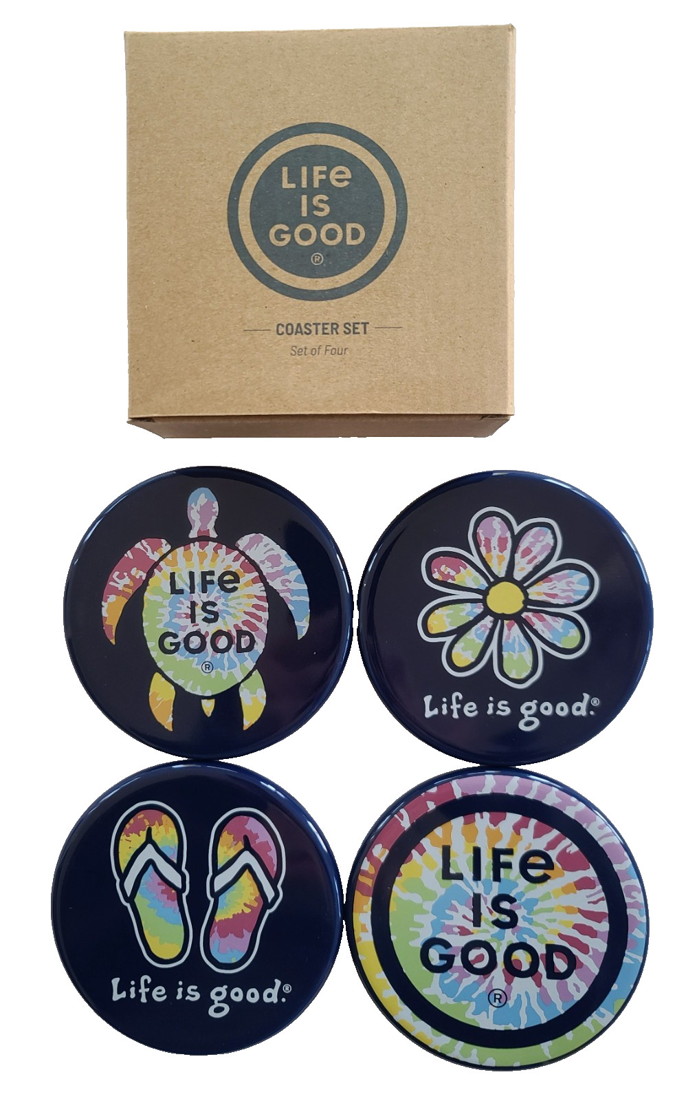 Life Is Good Coaster Set TIE DYE Turtle Daisy Flip Flops Burst Cork Back Ceramic gallery