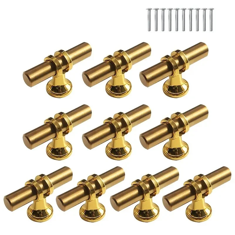 10pcs Stainless Steel Drawer Pull Handles - Polished Gold Finish, T-Type gallery