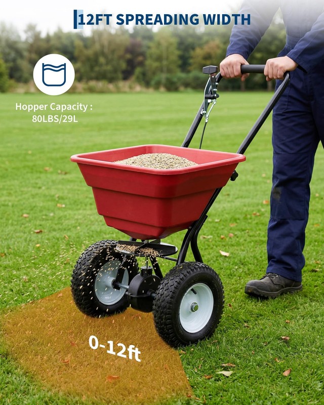 80 LBS Push Broadcast Spreader, 12FT Width 13in Wheels Adjustable Flow for Lawn gallery