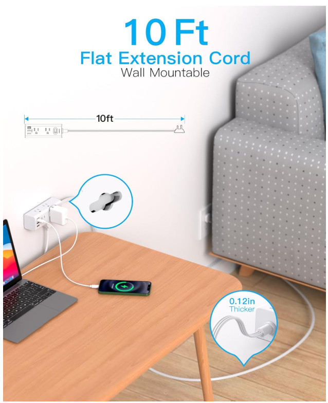10Ft Extension Cord with Multiple Outlets, Flat Plug Power Strip Surge Protector gallery
