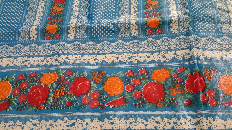 Vinyl Rectangle Tablecloth Blue Red/Orange Floral/White Lace Pattern  70" x 47" gallery