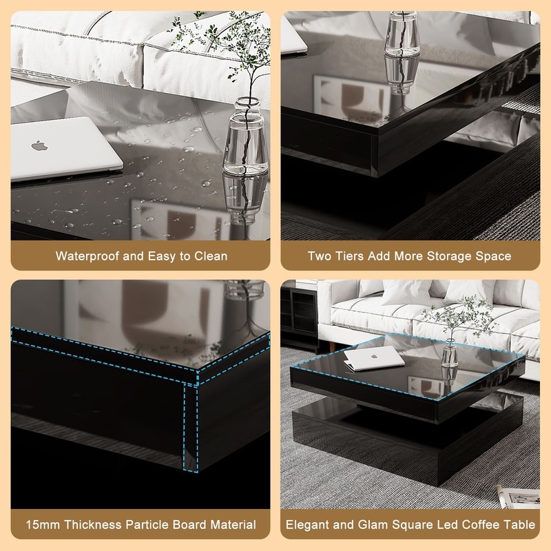 Square Coffee Table with LED Lights High Gloss Center Cocktail Table 2-Tier Whit gallery