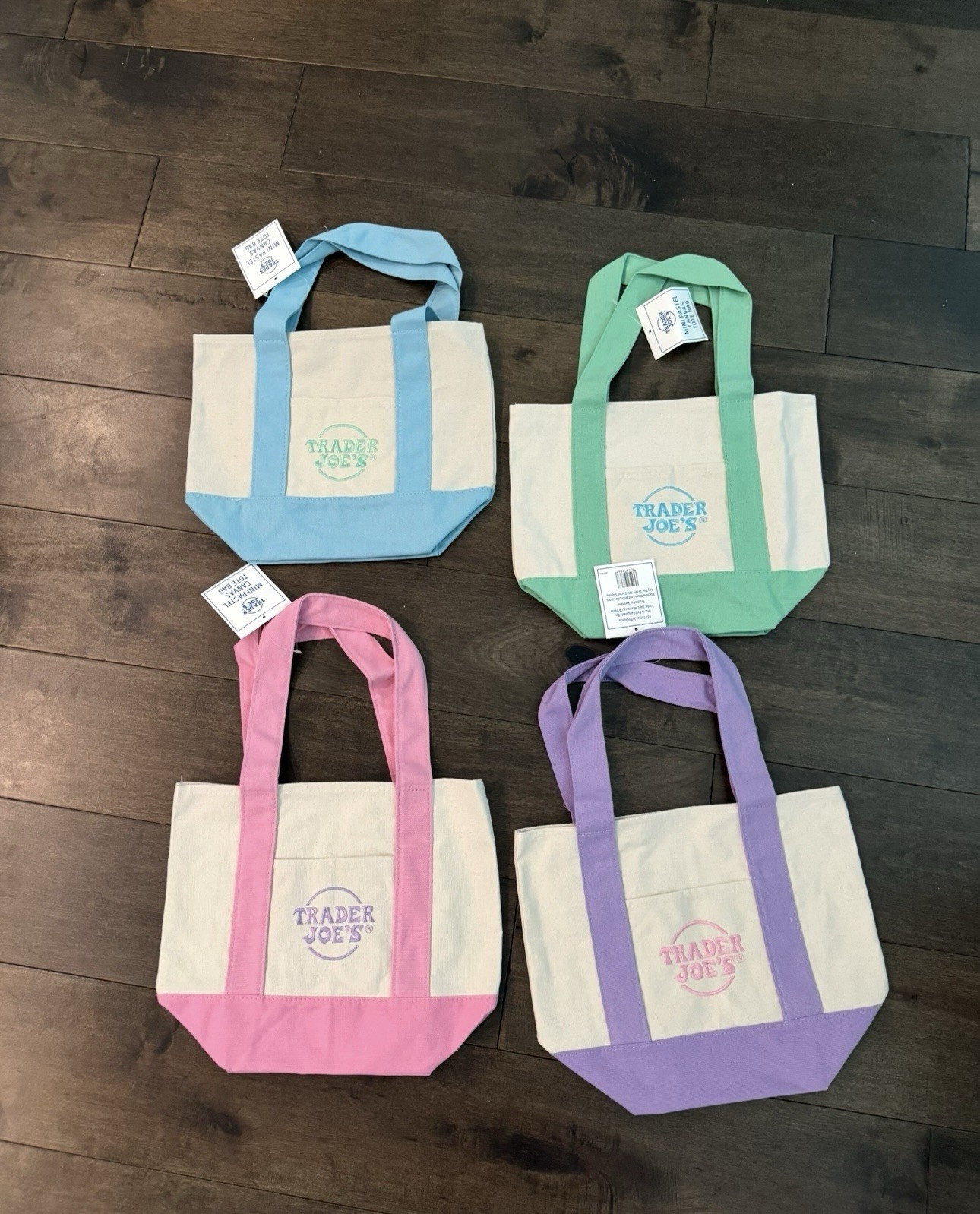 Trader Joe’s Mini Pastel Canvas Tote Bag Set Of 4 NWT Blue Green Pink Purple US gallery