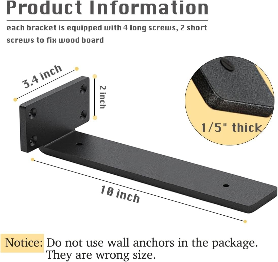 8 Pack 10 Inch Heavy Duty Iron Shelf Brackets 1/5 Inch Thick with Screws gallery