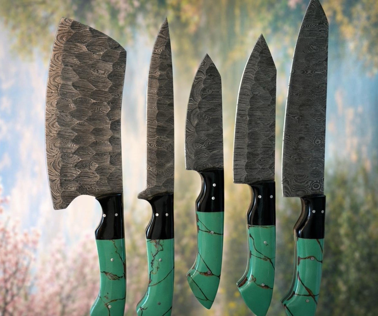 Handmade Forged Damascus Steel Fixed Blades Chef Kitchen Knives Set gallery