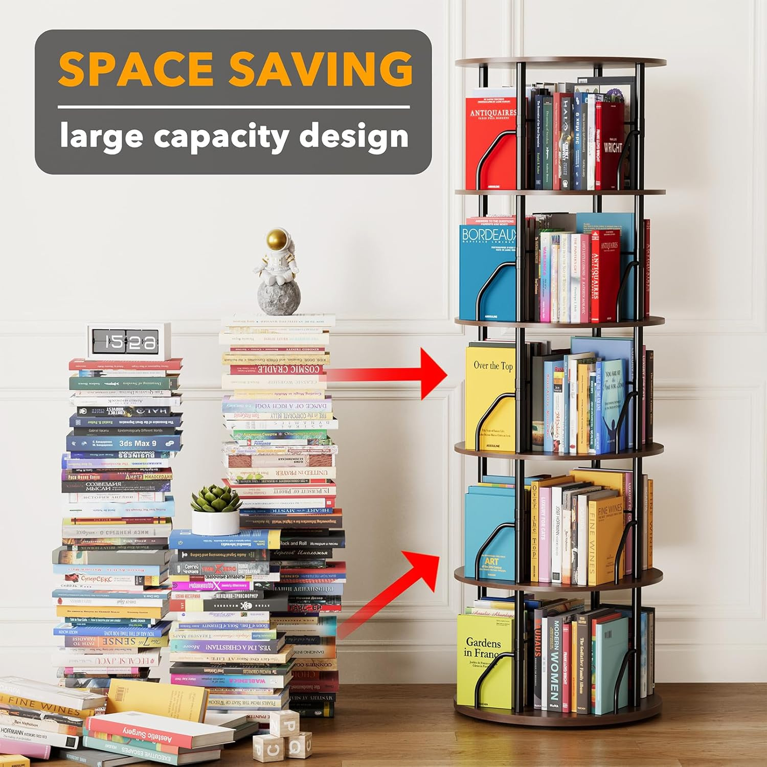5-Tier Rotating Bookshelf Tower - Space-Saving Swivel Organizer in Brown Wood gallery
