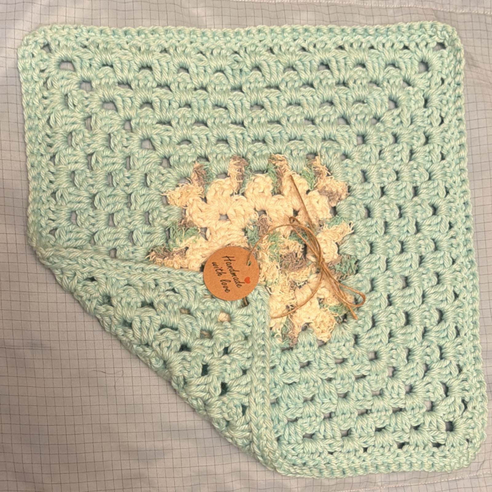 Handmade Crochet washcloth Light Blue White - scrubby yarn in the middle. Unisex gallery