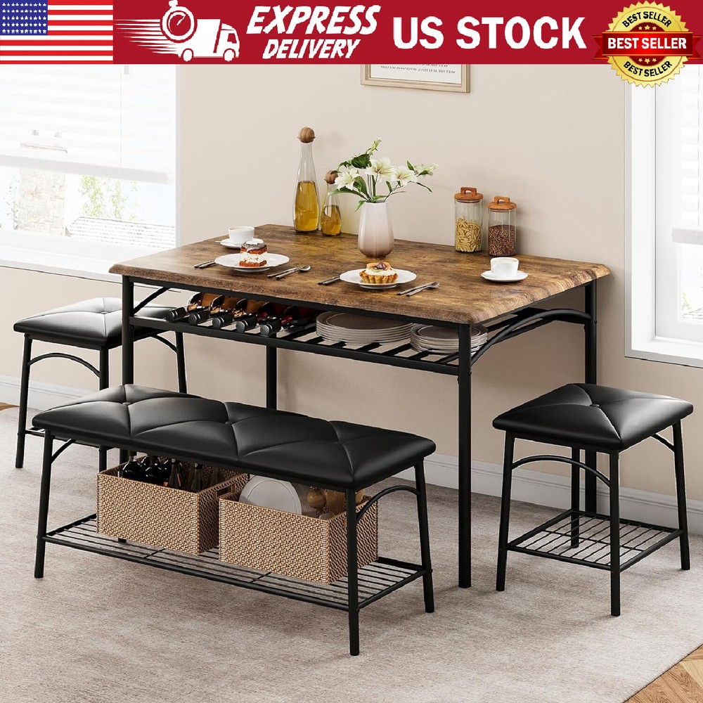 Dining Table Set for 4 with Upholstered Benches and Stools Kitchen Table Storage