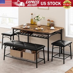 Dining Table Set for 4 with Upholstered Benches and Stools Kitchen Table Storage