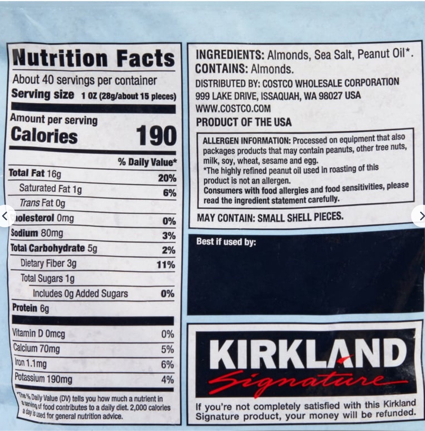 Kirkland Signature Roasted Almonds with Sea Salt 40 Oz (2.5 Lb) EXP 06/2027 gallery