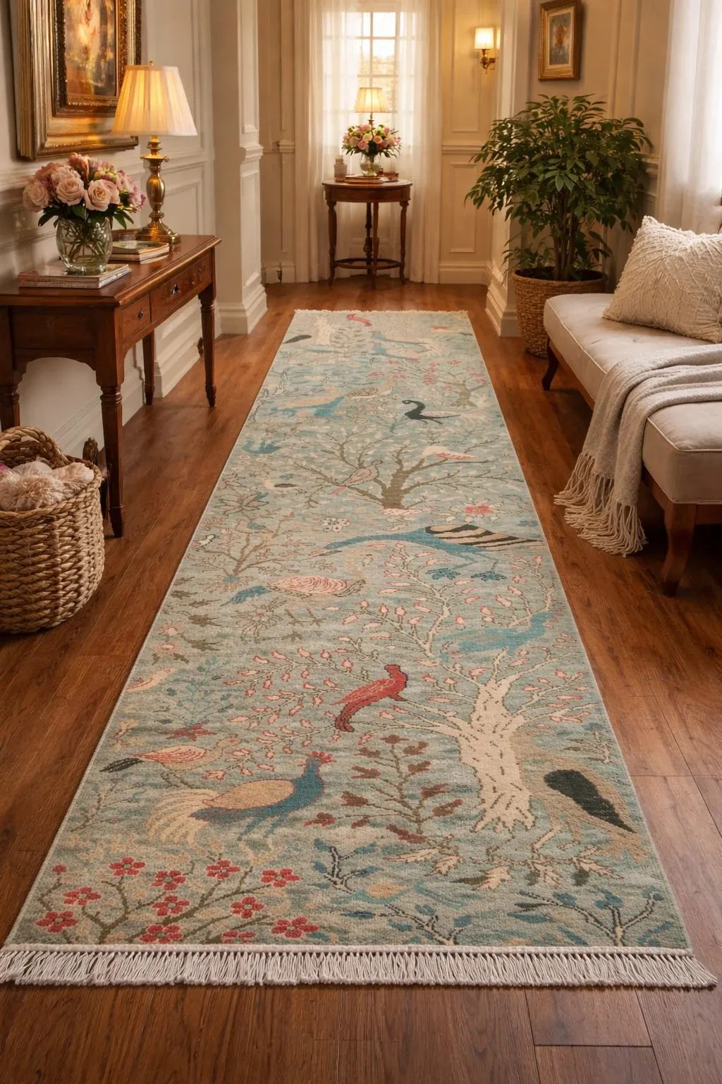 Wool Hand Knotted Runner Rug Bird Floral Vintage Hallway Carpet Custom gallery