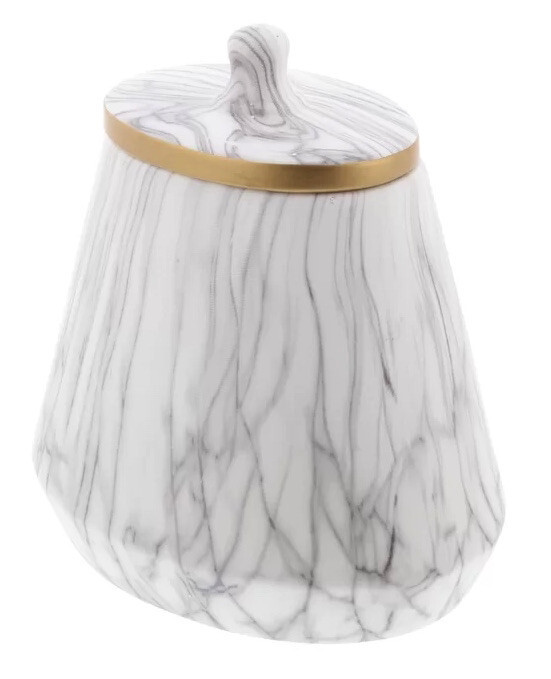 MODERN HOME DECOR WHITE / GOLD / GREY FINISH 11" CERAMIC JAR WITH LID gallery