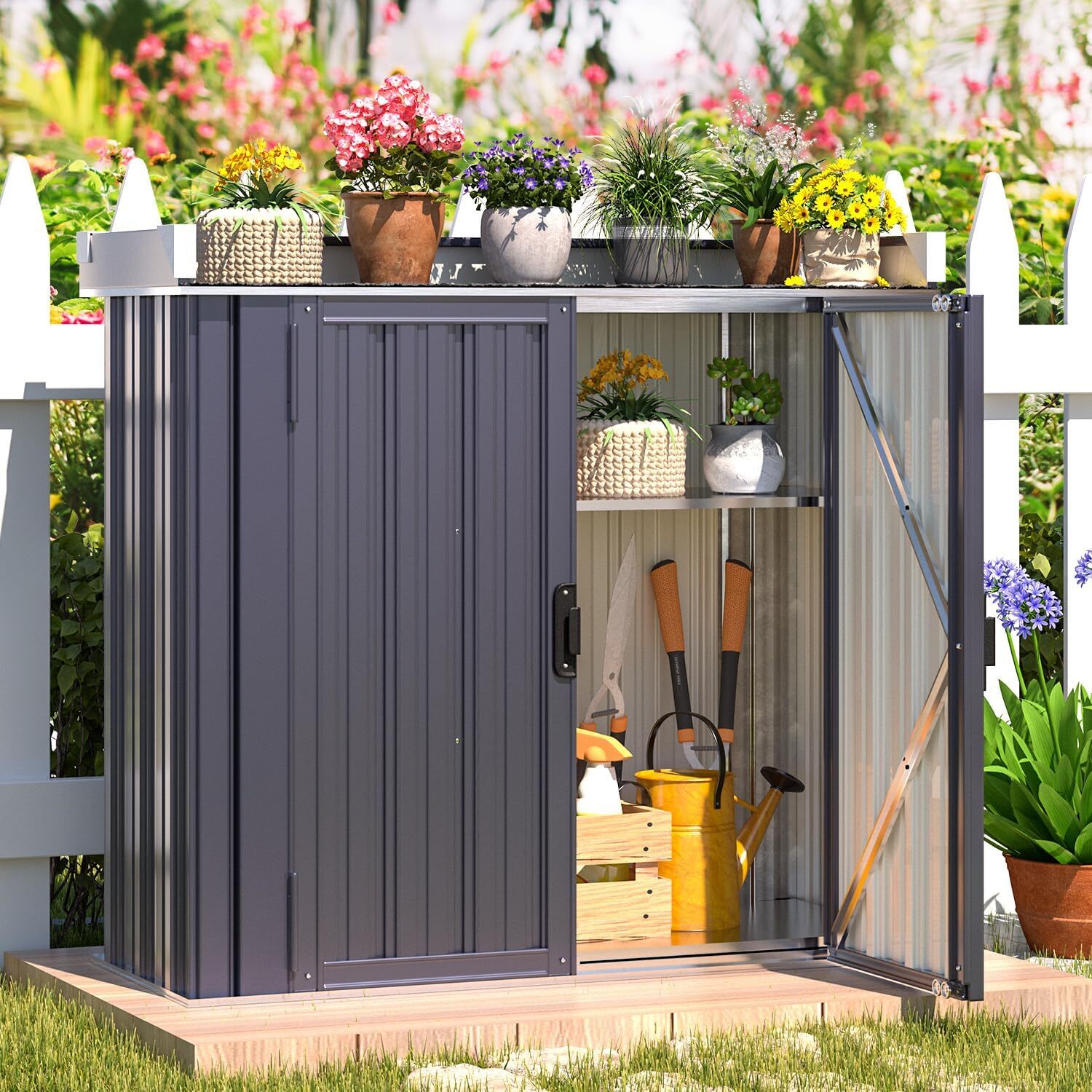 Outdoor Storage Cabinet Waterproof Potting Workbench Table with Shelves gallery