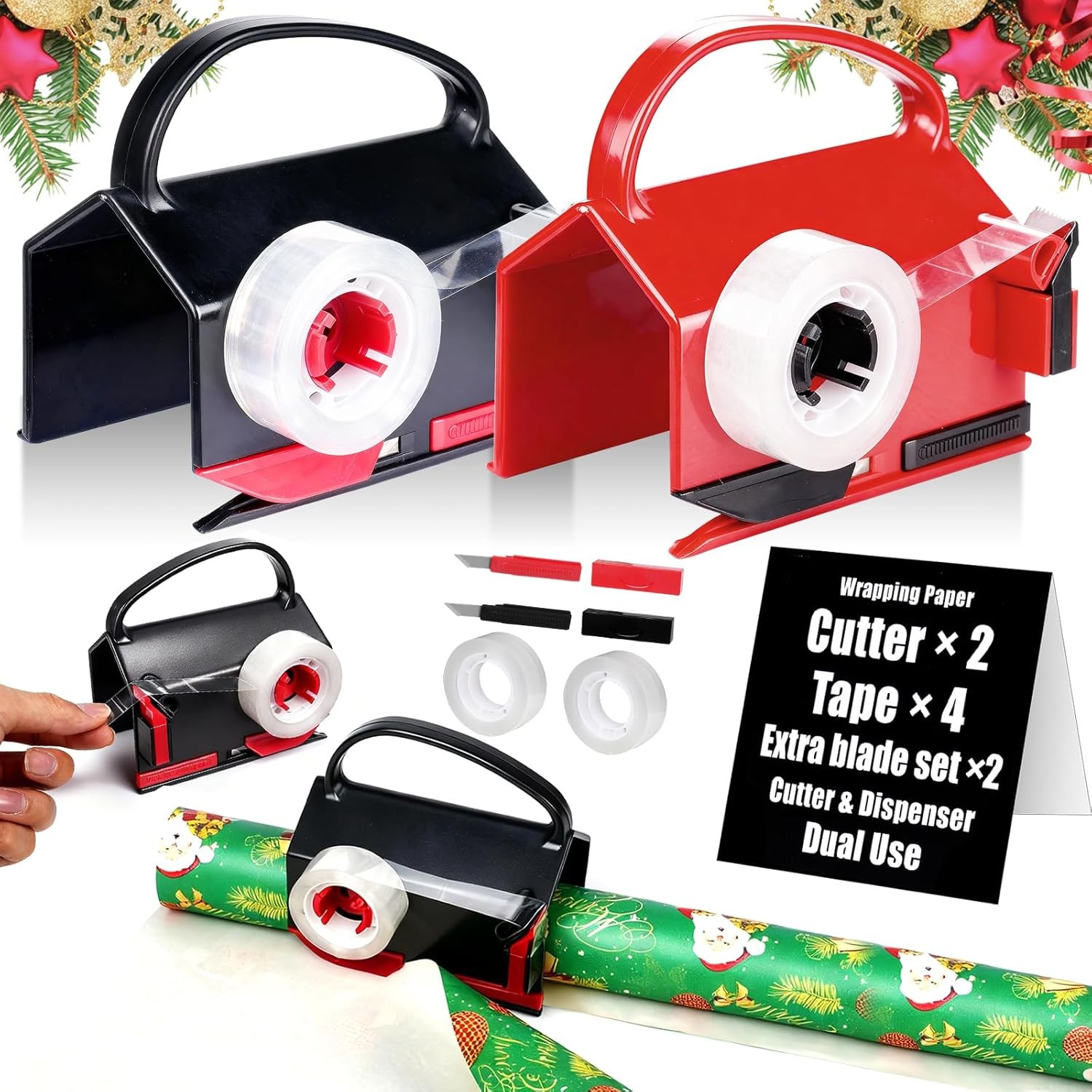 2 Pack Wrapping Paper Cutter & Tape Dispenser Tool with 4 Tapes & Blades Set gallery