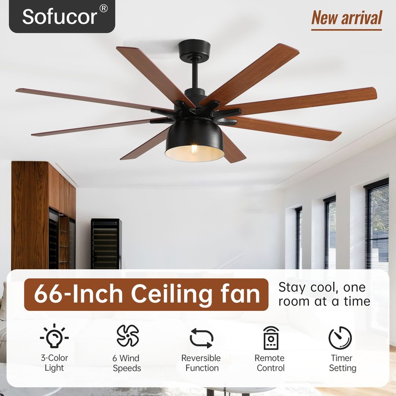 Sofucor Large 66in Ceiling Fan with High CFN 8 Blades/6-Speed/Remote for Bedroom gallery