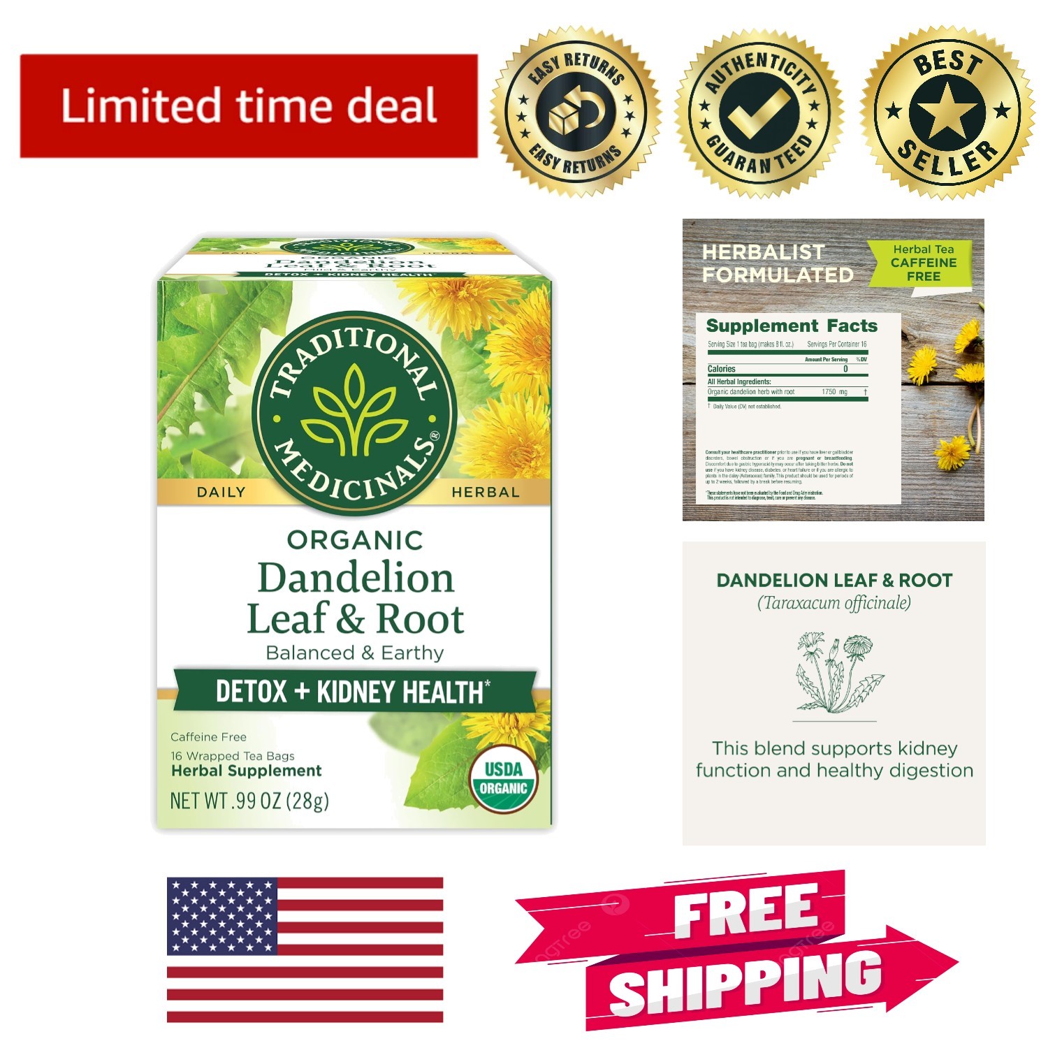 Dandelion Leaf & Root Tea - Herbal Detox for Kidney Health, 16 Tea Bags gallery