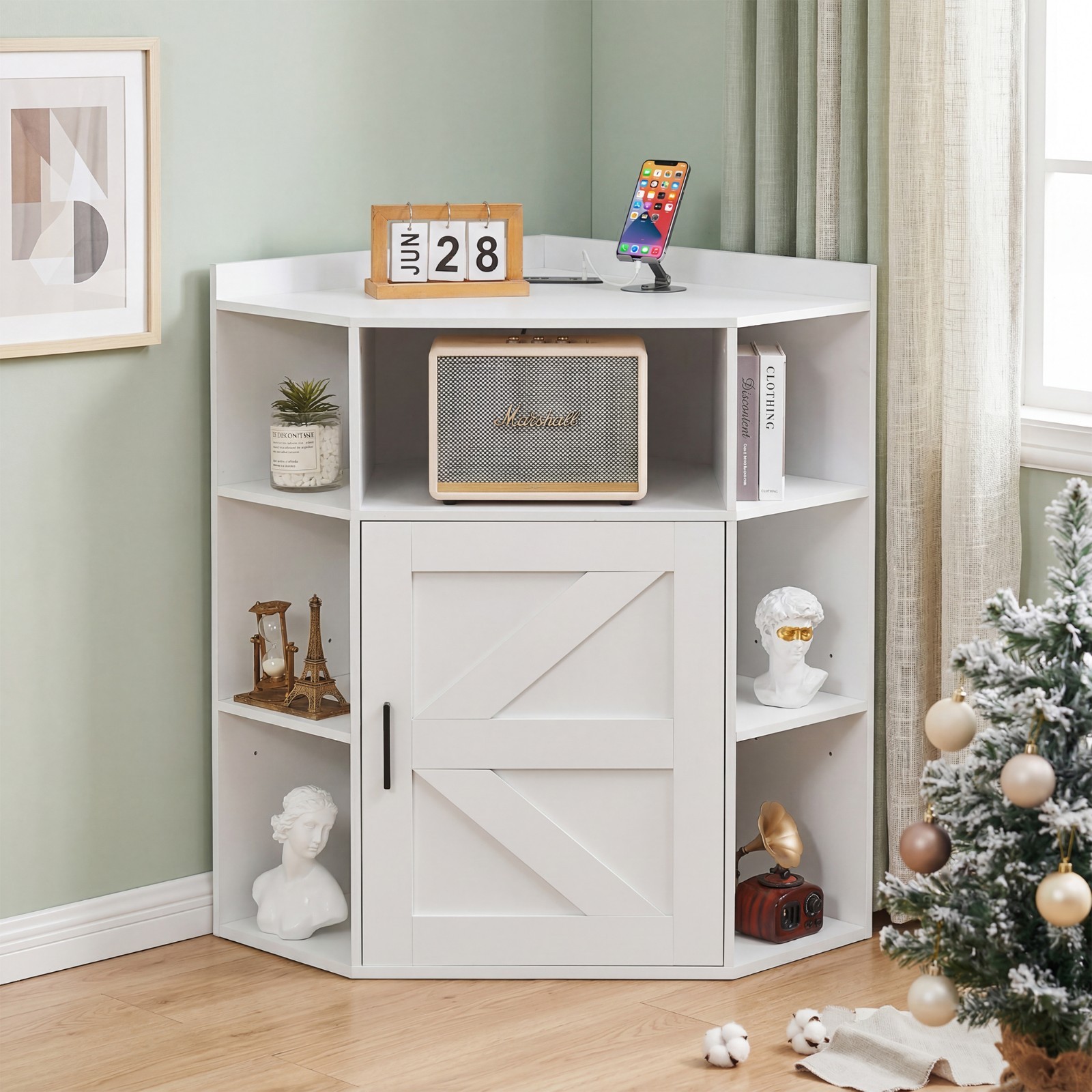Triangle Corner Storage Cabinet with Charging Station Door & Shelves Home Office gallery